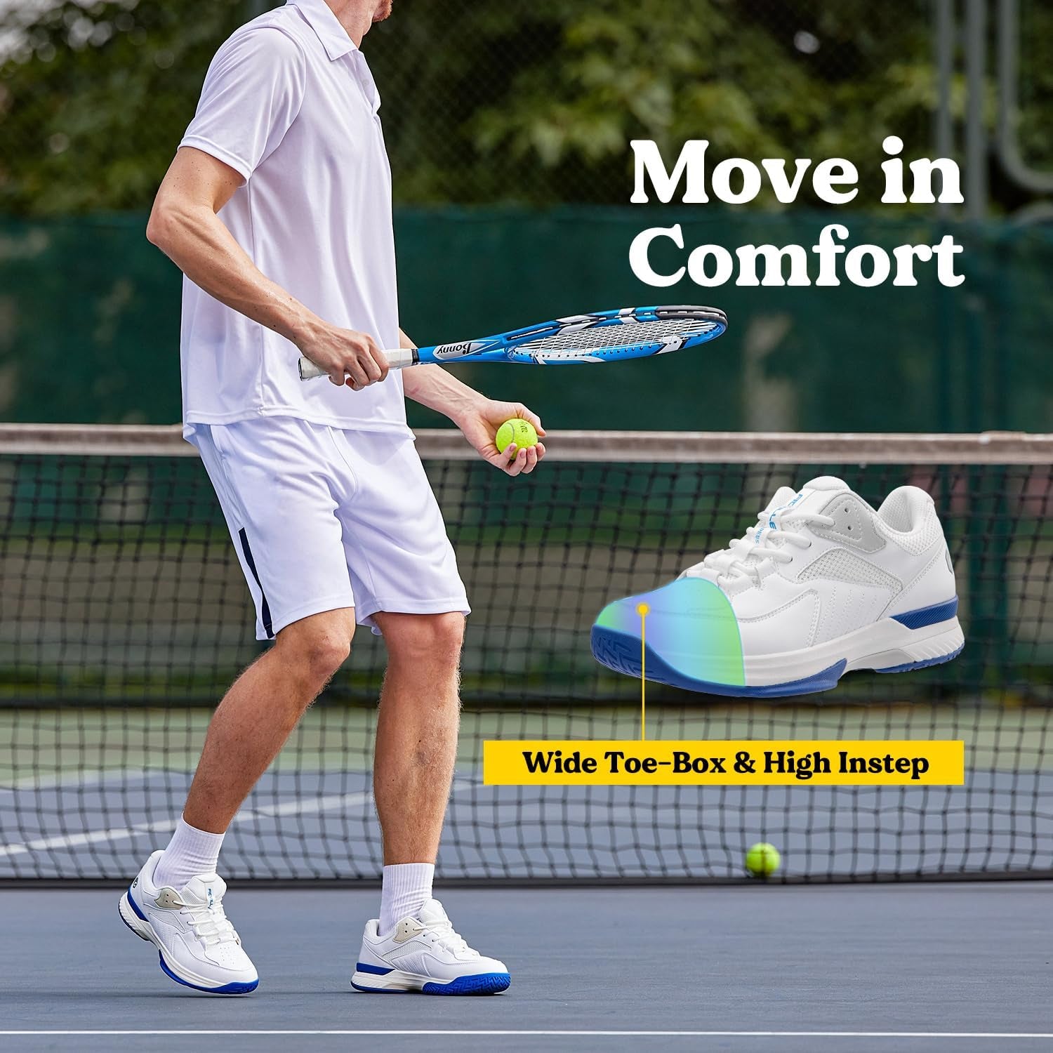 Wide Pickleball Shoes for Men All Court Tennis Shoes with Arch Support for Plantar Fasciitis