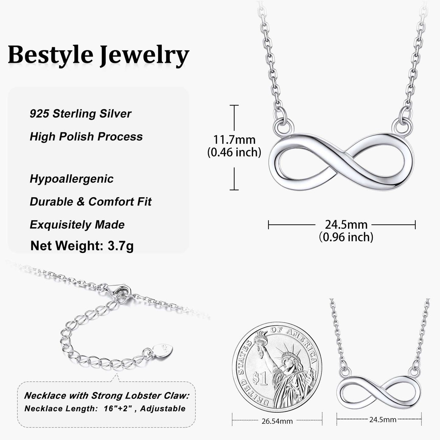 Gold Infinity Pendant Necklace Sterling Silver Chain Necklace for Women Girls Eternity Love Infinity Jewelry for Mom Wife Daughter